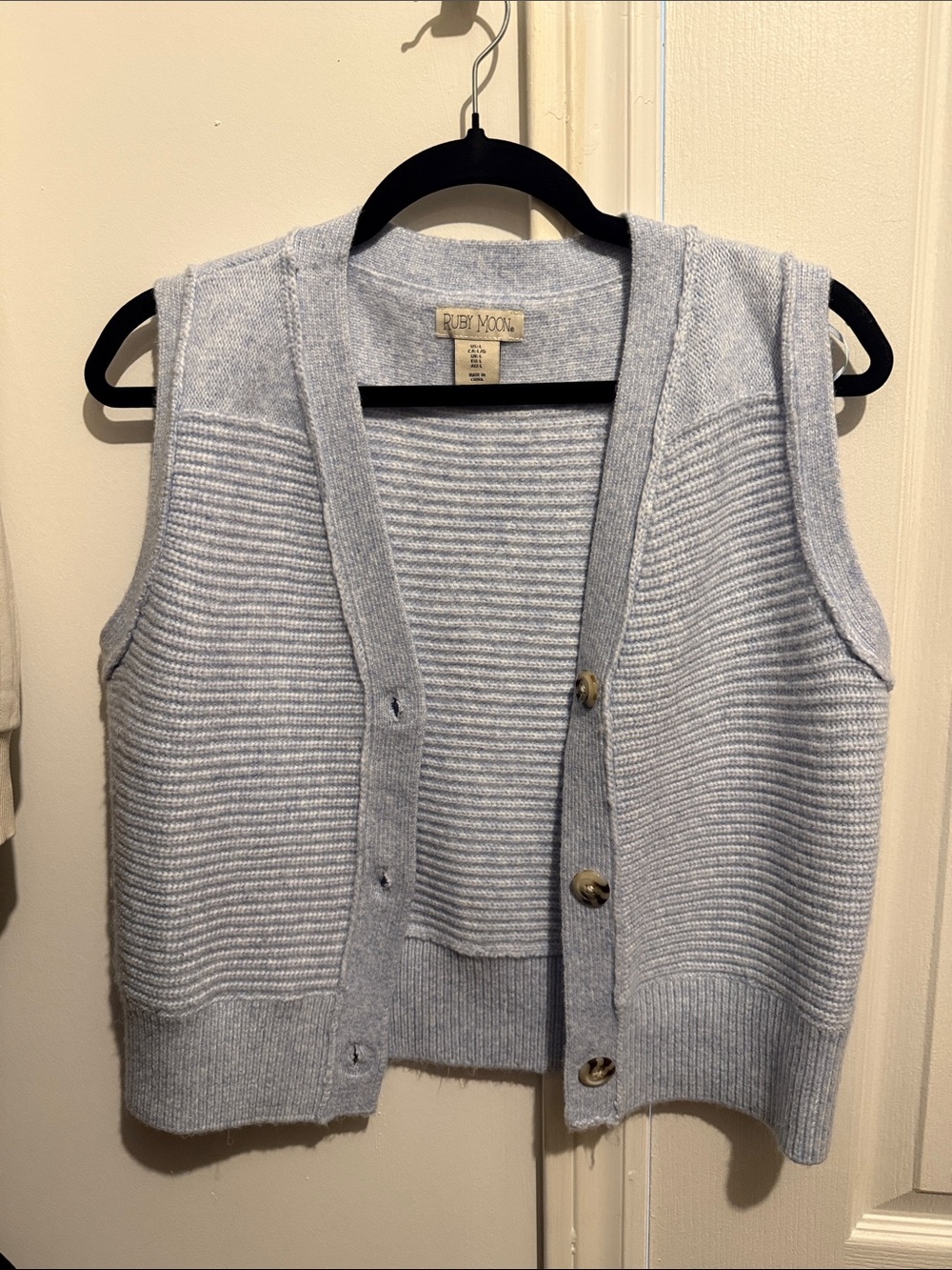 ruby moon pale blue ribbed knit button-front sleeveless cardigan vest